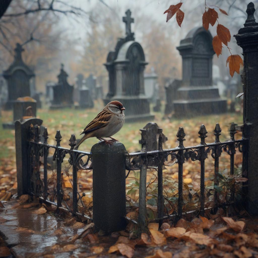  an abandoned old cemetery. late fall. rare rain. a sad sparrow sits on the gate.