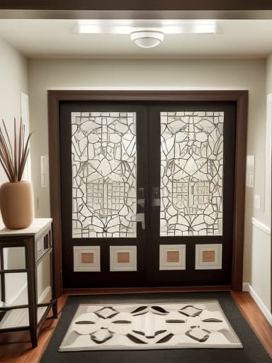  foyer, describe, your, dream, vacation. the room depicted in the image exhibits a minimalist and contemporary living room theme, emphasizing clean lines and neutral tones. contemporary minimalist living room with a white sectional sofa, wooden accent chairs, geometric rug, and large leaf artwork. minimalist, contemporary, living room, white sectional sofa, wooden accent chairs, geometric rug, large leaf artwork exterior door wood colo with black trim