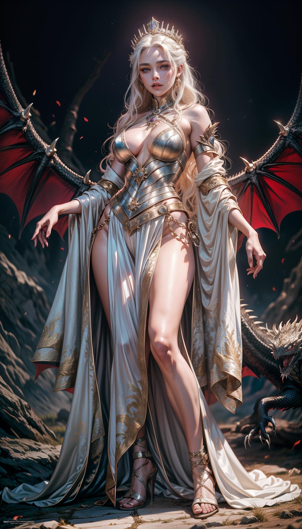  create hyper realistic rhaenyra targaryen queen of the seven kingdoms from house of the dragon (((showing full body))), beautiful medieval queen, freckles, violet eyes, white blonde hair, very tanned skin, dragon behind her, realistic, queen of dragons, fantasy, sci fi, showing full body in elegance and grace