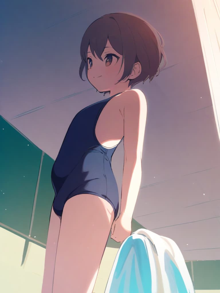  women's elementary students (male), twin tails, cute smiles, (rich s), short stature, dark blue swimwear, old swimwear, swimwear, simple, (upward), upward, (bulge), front, whole body, pool side ,,,