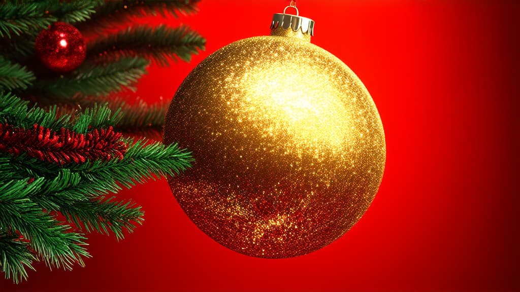  epic realistic, hyperdetailed, (cycles render:1.3), caustics, (glossy:0.58), (artstation:0.82),golden sparkling christmas ball on a red background with glitter ar 16:9