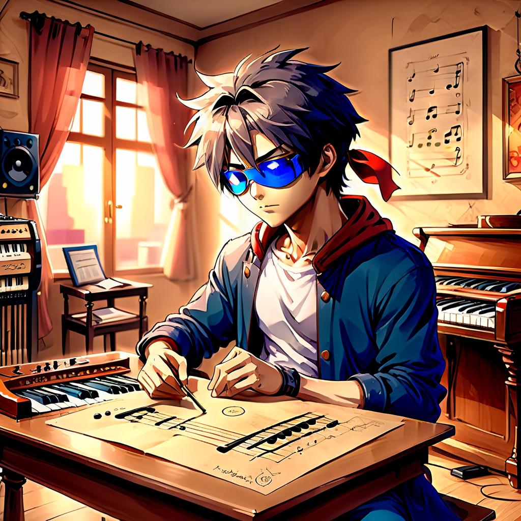  anime artwork musician with a blindfold, thoughtfully sitting at a table, against the background of a cozy room with musical instruments . anime style, key visual, vibrant, studio anime, highly detailed, on parchment