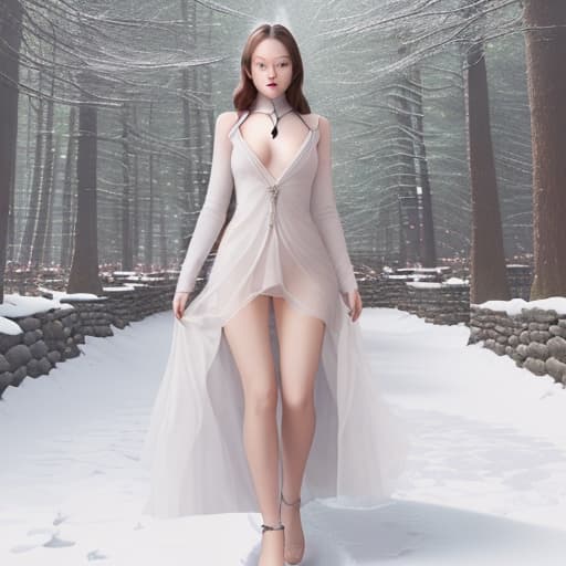  a lady wear the winter dress and must nude her chest she stand in the snow forest