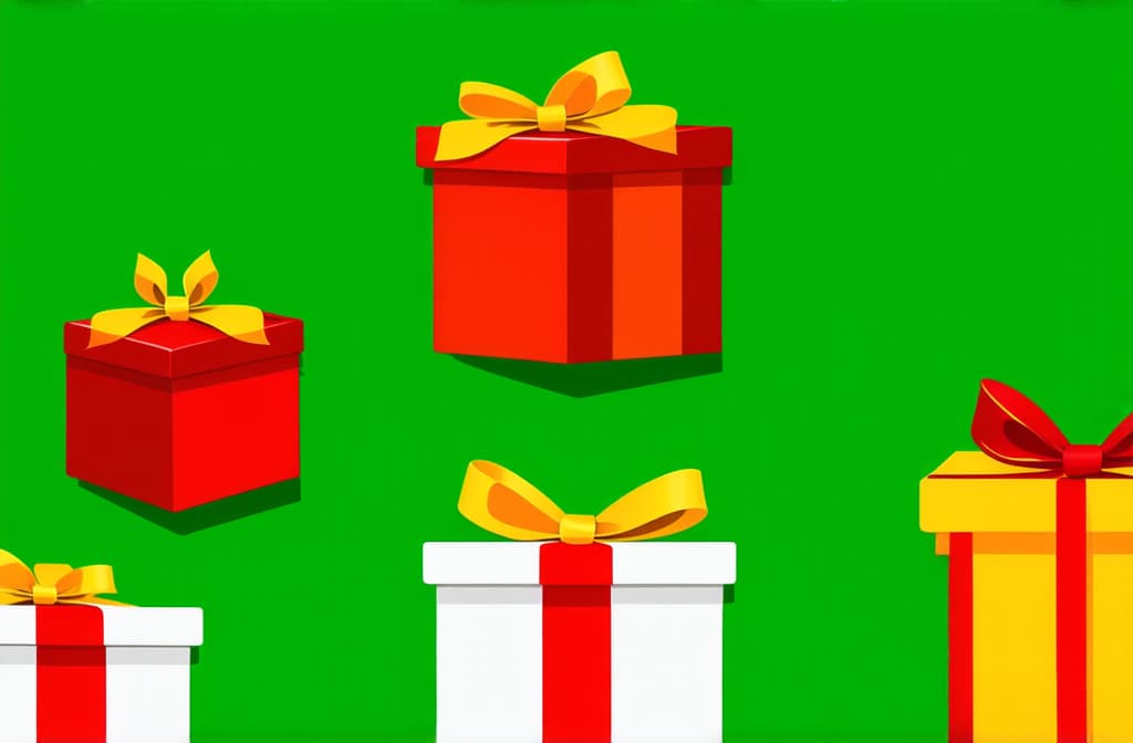  flat illustration, flaticon, (illustration:1.15), on a green background, at the bottom, there are three festive boxes with bright red and yellow bows, one box is slightly open ar 3:2, [cory loftis, strobist, pascal campion :: 0.2]