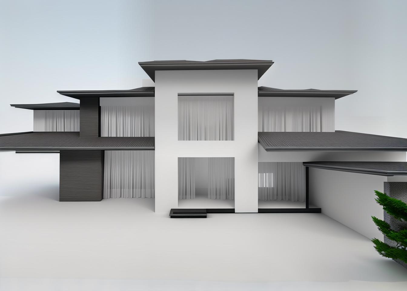  generate a 3d architectural forms of the original house in an axonometric view. the model should appear abstract, minimal, and in grayscale, focusing on the overall form and volume of the design with simplified shapes. the perspective should give a sense of scale reduction, similar to an architectural concept model, without any color or texture details.