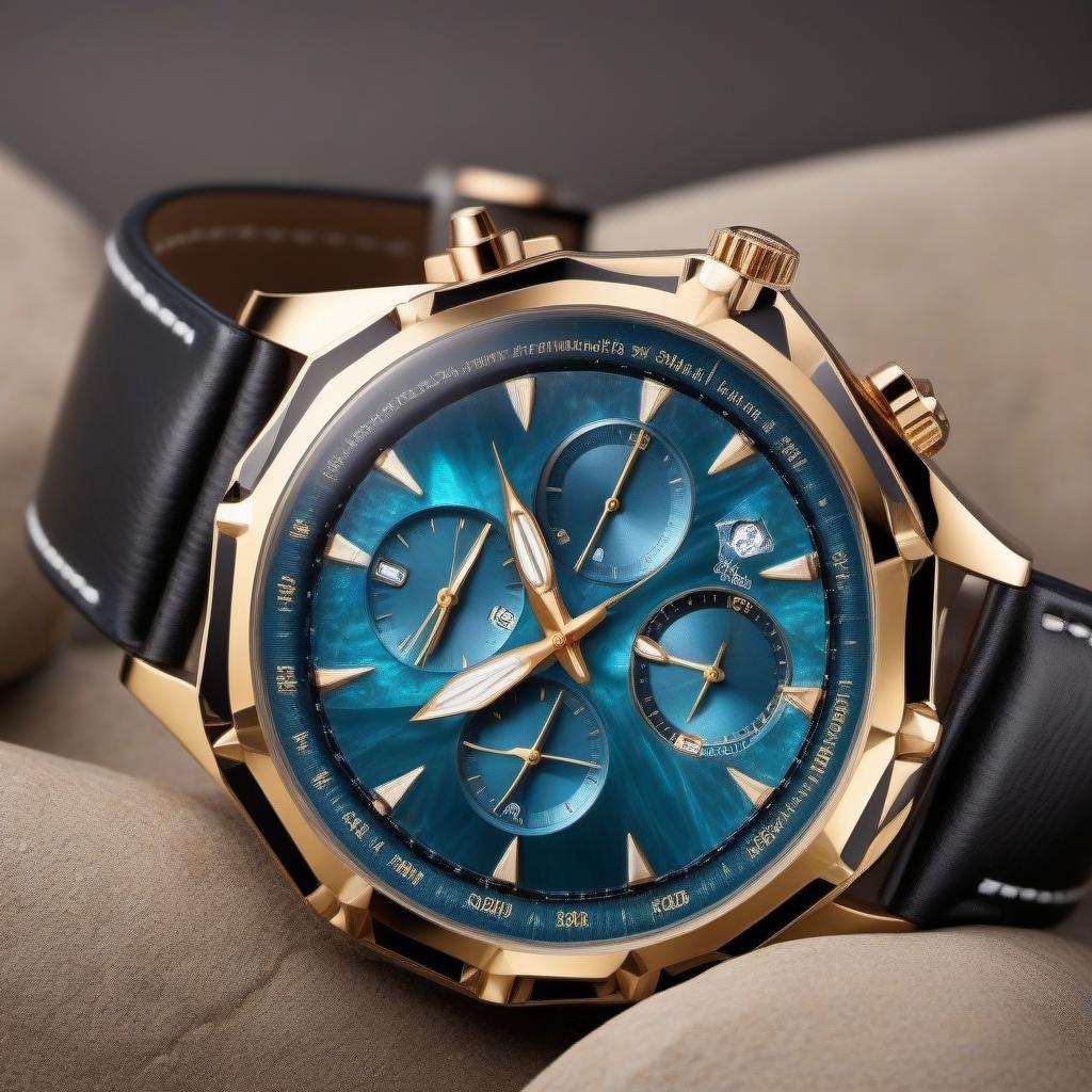  The future , 7000 year , very expensive watch , with aquamarine stone inside , soft star dusting on the stone , heptagonal shape of the watch , wavy hands made of gold , chronograph , stopwatch , pleasant soft moonlight inside the watch , leather strap , high detail , 5000K quality