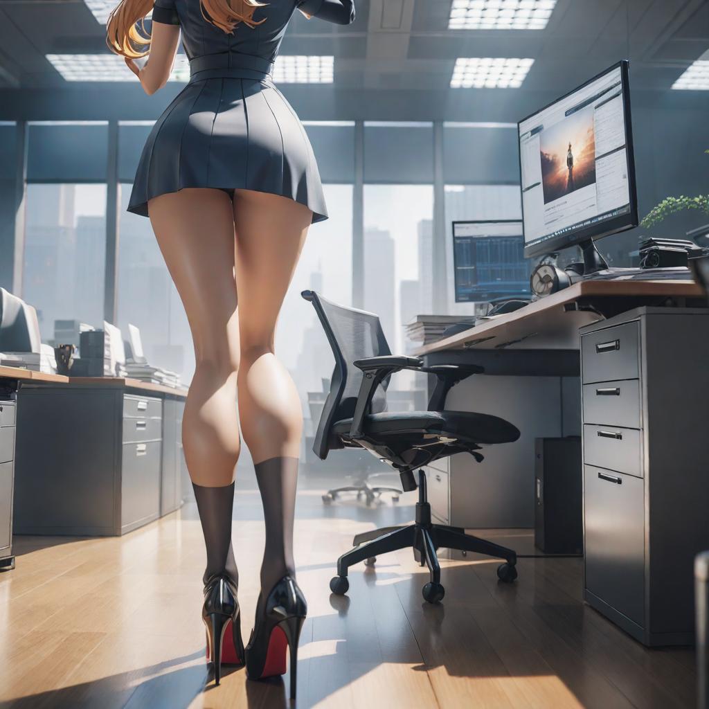   office , up, legs , showing , ((anime)) hyperrealistic, full body, detailed clothing, highly detailed, cinematic lighting, stunningly beautiful, intricate, sharp focus, f/1. 8, 85mm, (centered image composition), (professionally color graded), ((bright soft diffused light)), volumetric fog, trending on instagram, trending on tumblr, HDR 4K, 8K