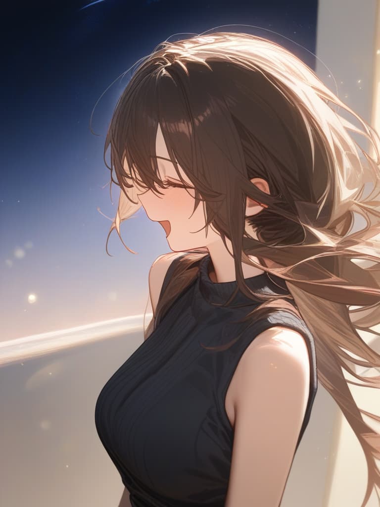  a girl who is laughing at me, bright brown hair, long hair, transparent fleeting, facing here, laughing, under the starry sky, facing here, i am looking at me, wearing a dough cardigan from the top of a black sleeveless, up from the waist, masterpiece, best quality,8k,ultra detailed,high resolution,an extremely delicate and beautiful,hyper detail