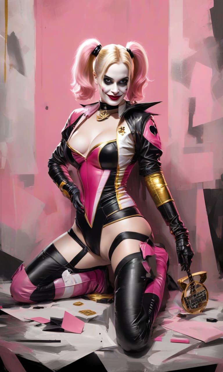  concept art pink, gold, black, white margot robbins as harley quinn costume . digital artwork, illustrative, painterly, matte painting, highly detailed, perfect hands