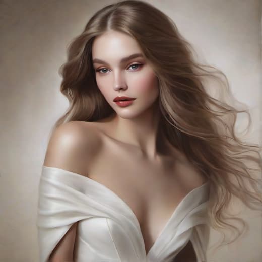  a highly detailed and artistic portrait of a confident woman with striking features, embodying beauty and allure. she has long, flowing hair and a captivating expression, dressed in elegant, sensual attire that highlights her curves. the background is soft and dreamy, enhancing the focus on her graceful posture. the lighting is warm and inviting, creating an atmosphere of intimacy and sophistication.