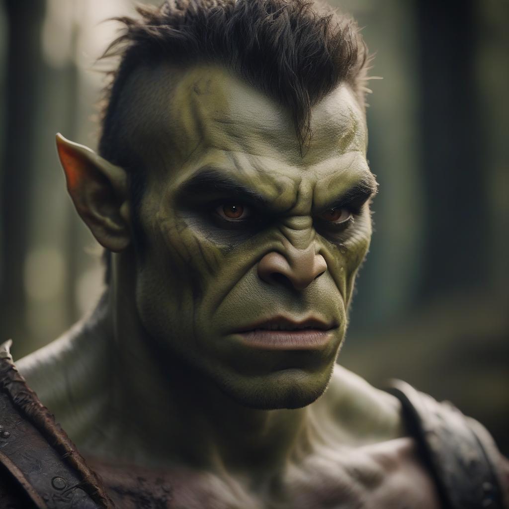  cinematic film still orc, young man, brown eyes, thin . shallow depth of field, vignette, highly detailed, high budget, bokeh, cinemascope, moody, epic, gorgeous, film grain, grainy