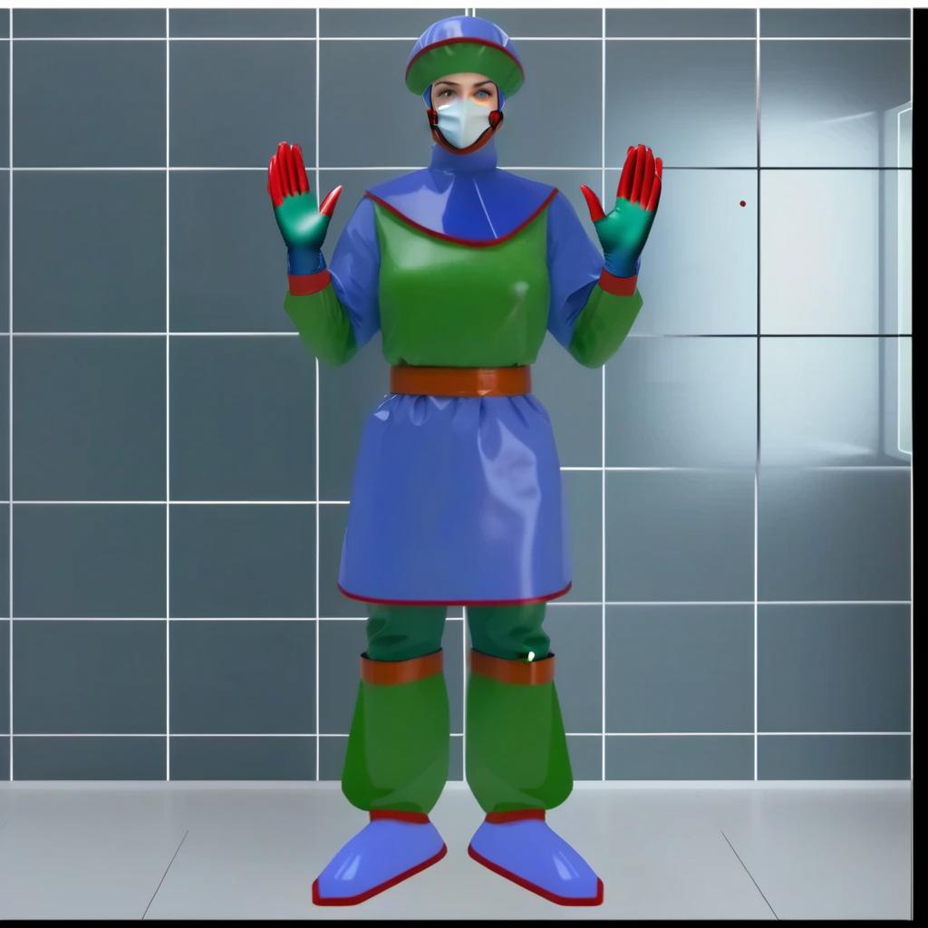  hyperditalisation, there is a lone woman surgeon, dressed in glossy latex, standing at full height, front view, full face, surgical mask with a ribbon ties made of glossy latex, covers the bridge of the nose, cheeks and chin, fixed behind the head at the back of the head with ties, the upper half of the surgical mask (from the bridge of the nose to the mouth), glossy latex dark blue, lower half, surgical mask (from chin to mouth), glossy latex dark green, in the middle and on the edges edging of the surgical mask, ties on the surgical mask, glossy latex red hyperrealistic, full body, detailed clothing, highly detailed, cinematic lighting, stunningly beautiful, intricate, sharp focus, f/1. 8, 85mm, (centered image composition), (professionally color graded), ((bright soft diffused light)), volumetric fog, trending on instagram, trending on tumblr, HDR 4K, 8K