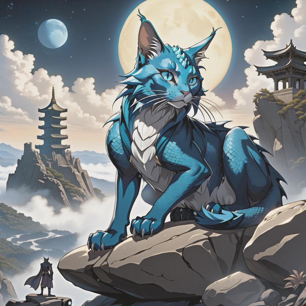  line art drawing (top quality:1.5), (masterpiece:1.4), (photo art style:1.3), dragon cat hybrid, shimmering scales, mesmerizing blue eyes, gleaming sharp claws, proudly stands on a rugged boulder, starry sky twinkling above, regal, guarding, observing, roaring, prowling, captured from a dramatic high angle view, digital painting technique, inspired by kim jung gi, brian froud, katsuya terada, surrealism, dark fantasy, rocky mountainous landscape with ancient ruins, ultra high detailed, 8k resolution, photorealistic, ultra realistic, celestial lighting style, cosmic color palette, enchanting visual effects, advanced artistic level, fusion of impressionism, art nouveau styles, currently trending on instagram. . professional, sleek, modern, mi hyperrealistic, full body, detailed clothing, highly detailed, cinematic lighting, stunningly beautiful, intricate, sharp focus, f/1. 8, 85mm, (centered image composition), (professionally color graded), ((bright soft diffused light)), volumetric fog, trending on instagram, trending on tumblr, HDR 4K, 8K