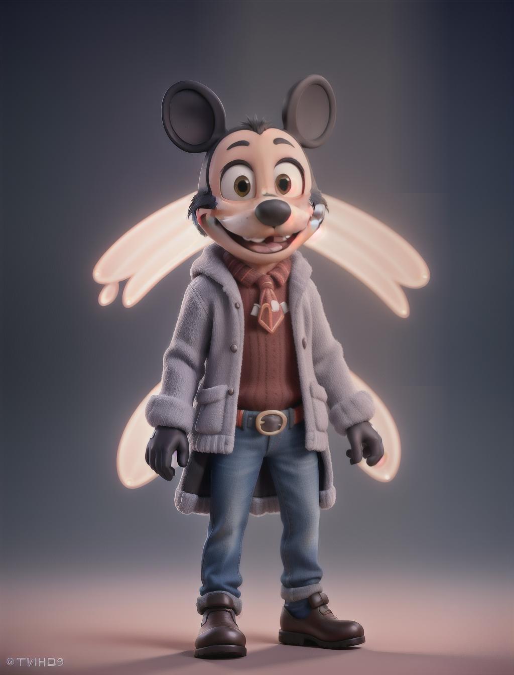  Mickey mouse hyperrealistic, full body, detailed clothing, highly detailed, cinematic lighting, stunningly beautiful, intricate, sharp focus, f/1. 8, 85mm, (centered image composition), (professionally color graded), ((bright soft diffused light)), volumetric fog, trending on instagram, trending on tumblr, HDR 4K, 8K