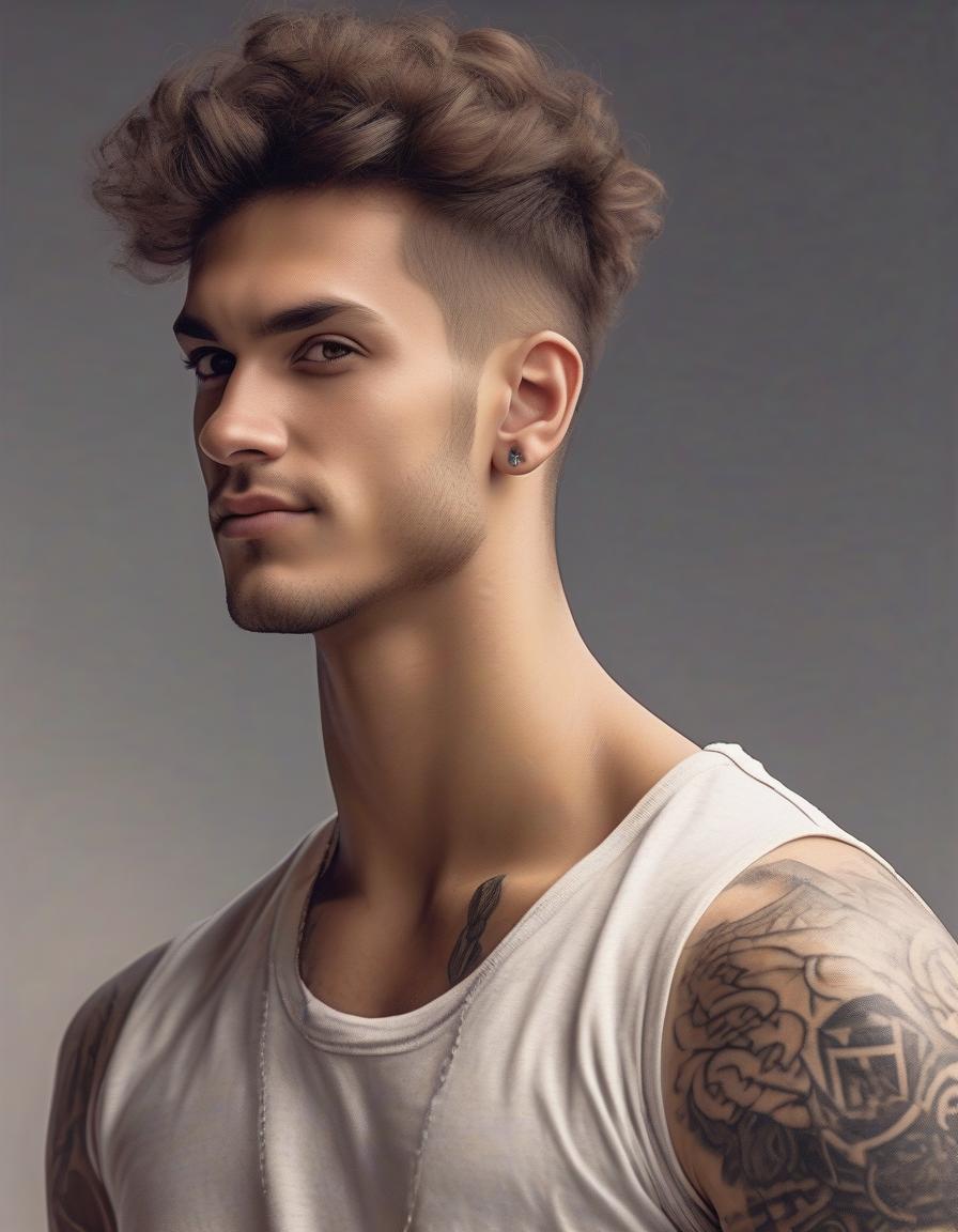  a daring, charismatic young man with a cunning grin, a stern face, high cheekbones, brown eyes and thick hair, looks cunningly with a squint, in tattoos, european appearance, light skin, dressed in a t shirt with open shoulders and sports pants, one hand stretch forward and palm open, photo, realism, a living person, a real person,