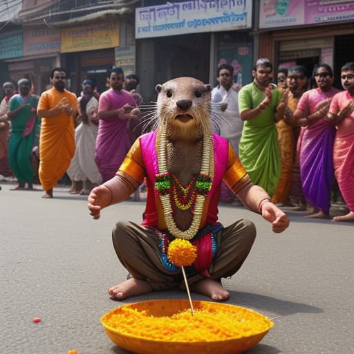  otter, playing dhoal, ganesh visarjan, colorful, joyful, festive, energetic, musical instrument, traditional attire, lively atmosphere, crowded, street celebration