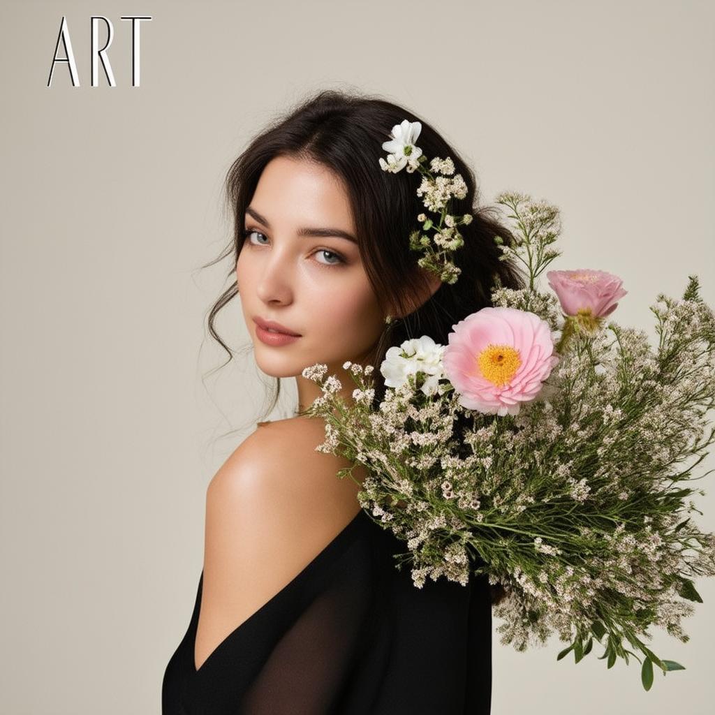  a and flowers on her and , photography style, studio lighting, banner style, text " art"