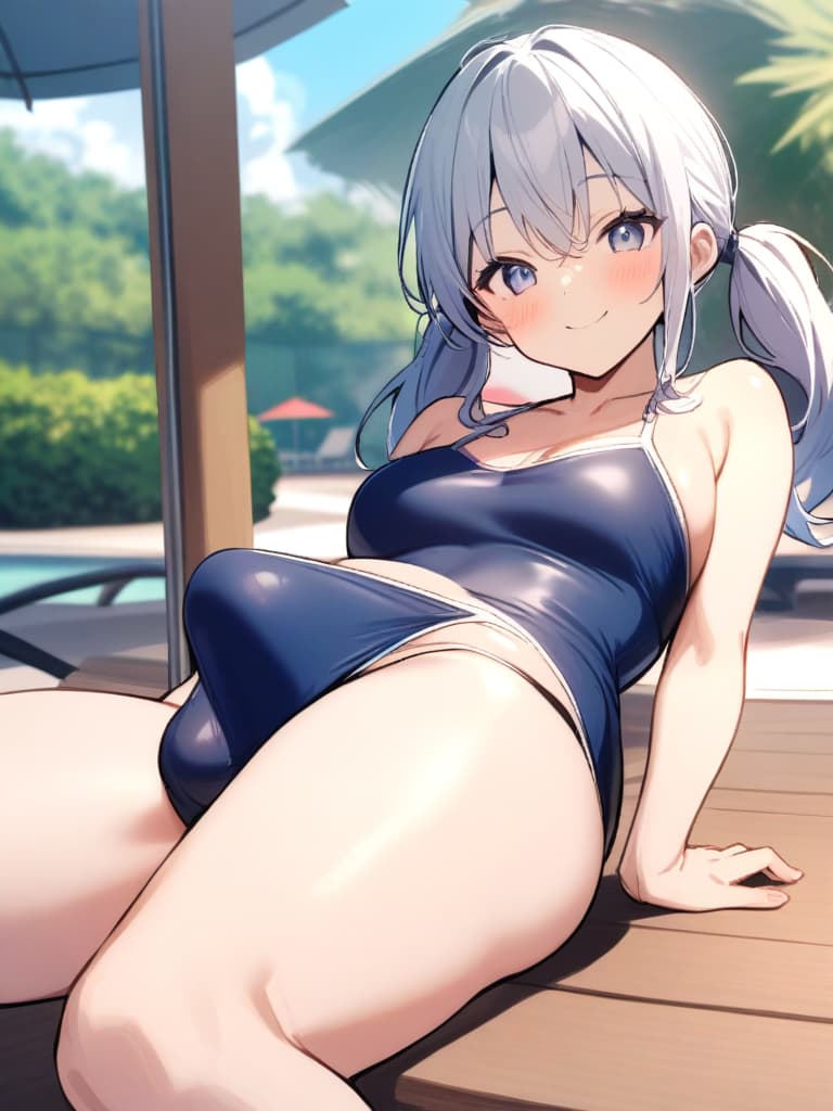  women's elementary students, twin tails, rich smiles, cute smiles, navy blue swimwear, old swimwear, swimwear, simple, male, shaped clear , shaped clear, clear stem, shaped crisp, male bulge,, front. the whole body, pool side,