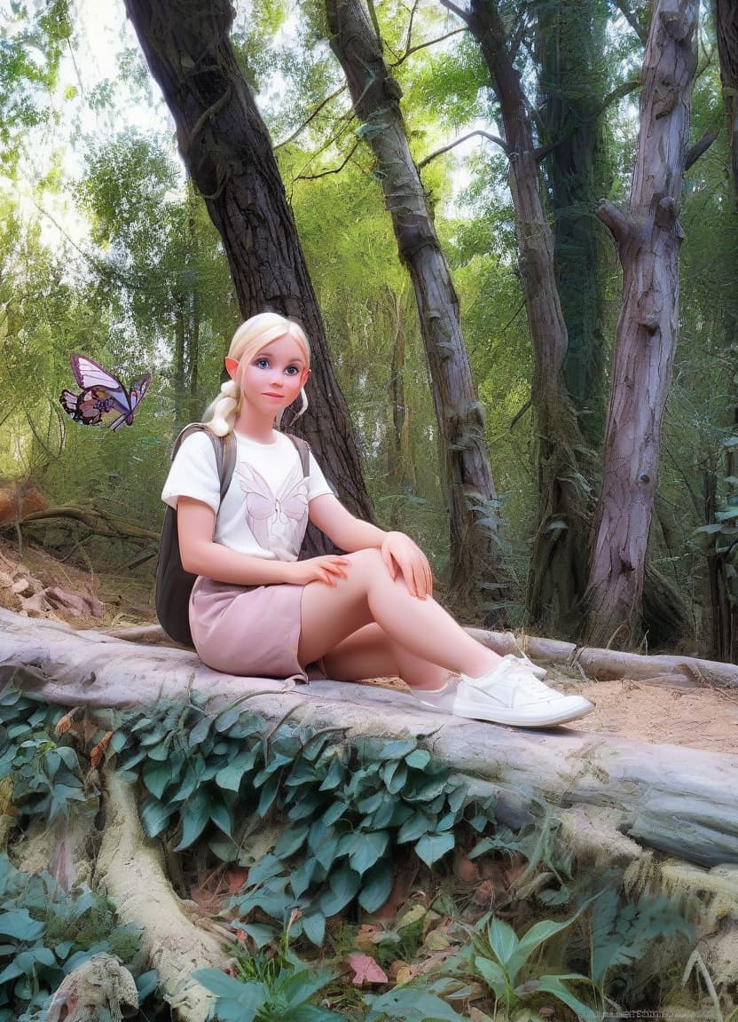  pixar style. save the woman's face from the original photo. she's a forest elf. behind her, she has large open wings of a butterfly. a fabulous, mysterious forest in the background. next to the girl is a cute white rabbit and a white hedgehog.