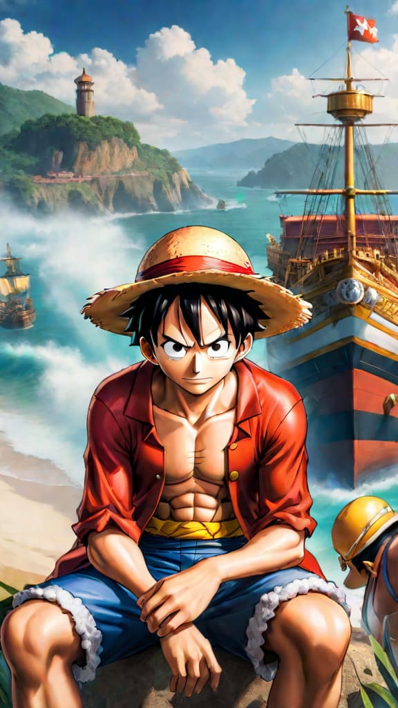  anime art: luffy's crew devastated, pondering the fate of the thousand sunny in a world without merry. hyperrealistic, full body, detailed clothing, highly detailed, cinematic lighting, stunningly beautiful, intricate, sharp focus, f/1. 8, 85mm, (centered image composition), (professionally color graded), ((bright soft diffused light)), volumetric fog, trending on instagram, trending on tumblr, HDR 4K, 8K