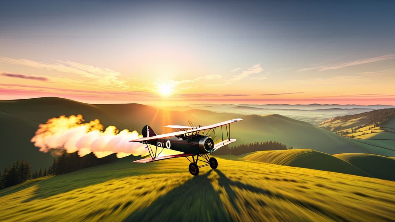  a vintage scene depicting a pioneering aviator in a wooden biplane soaring above rolling hills, with the sun setting in the background, capturing the thrill of early flight and the spirit of adventure. hyperrealistic, full body, detailed clothing, highly detailed, cinematic lighting, stunningly beautiful, intricate, sharp focus, f/1. 8, 85mm, (centered image composition), (professionally color graded), ((bright soft diffused light)), volumetric fog, trending on instagram, trending on tumblr, HDR 4K, 8K