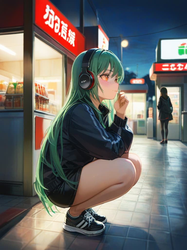  1girl,green hair,(((very long hair))),up angle,(((血眼))),(((headphone))),(((black jogging suits))),(((squatting:1.3))),(((outside the convenience store at night:1.5))),realistic