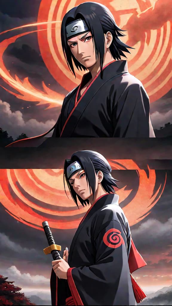  anime art: depict the emotional turmoil and haunting legacy of itachi uchiha from naruto. hyperrealistic, full body, detailed clothing, highly detailed, cinematic lighting, stunningly beautiful, intricate, sharp focus, f/1. 8, 85mm, (centered image composition), (professionally color graded), ((bright soft diffused light)), volumetric fog, trending on instagram, trending on tumblr, HDR 4K, 8K