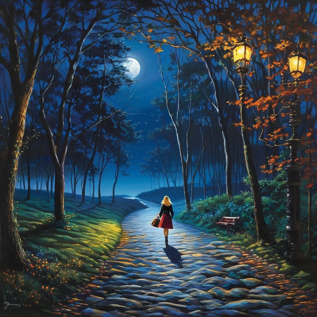  blonde girl walking a moonlit path., award winning, professional, highly detailed, masterpiece