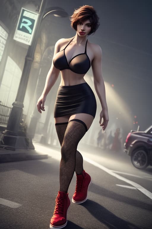  High quality, fishnet stockings, black , top off, beautiful age , red shoes, hair, short hair, beautiful features, draw with the best performance. hyperrealistic, full body, detailed clothing, highly detailed, cinematic lighting, stunningly beautiful, intricate, sharp focus, f/1. 8, 85mm, (centered image composition), (professionally color graded), ((bright soft diffused light)), volumetric fog, trending on instagram, trending on tumblr, HDR 4K, 8K