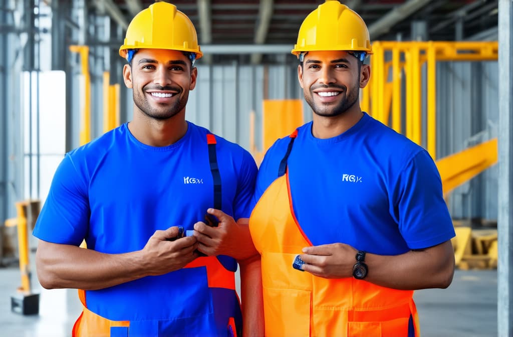  advertising style, stock photo, corporate branding style smiling builder men working in building construction, looking at camera ar 3:2 . professional, clean, modern, product focused, commercial, eye catching, minimalist, business oriented, highly detailed