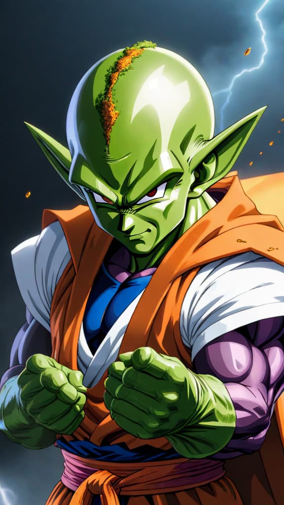  anime art: piccolo from dragon ball surpasses goku through fusion with powerful beings. hyperrealistic, full body, detailed clothing, highly detailed, cinematic lighting, stunningly beautiful, intricate, sharp focus, f/1. 8, 85mm, (centered image composition), (professionally color graded), ((bright soft diffused light)), volumetric fog, trending on instagram, trending on tumblr, HDR 4K, 8K