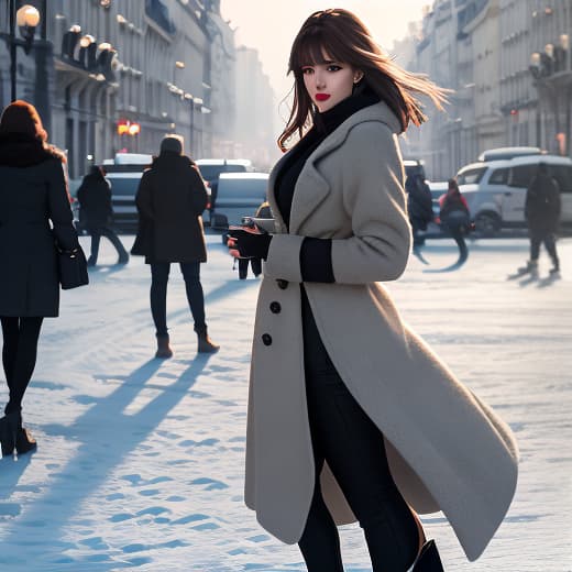  youth,1girl,looking at viewer, full body,jewelry, necklace, realistic, brown hair, blurry background, blurry,bangs, black eyes,paris,fashion,peoples in background, winter coat, dynamic pose, motion blur, warm sun,winter,snow, hyperrealistic, full body, detailed clothing, highly detailed, cinematic lighting, stunningly beautiful, intricate, sharp focus, f/1. 8, 85mm, (centered image composition), (professionally color graded), ((bright soft diffused light)), volumetric fog, trending on instagram, trending on tumblr, HDR 4K, 8K