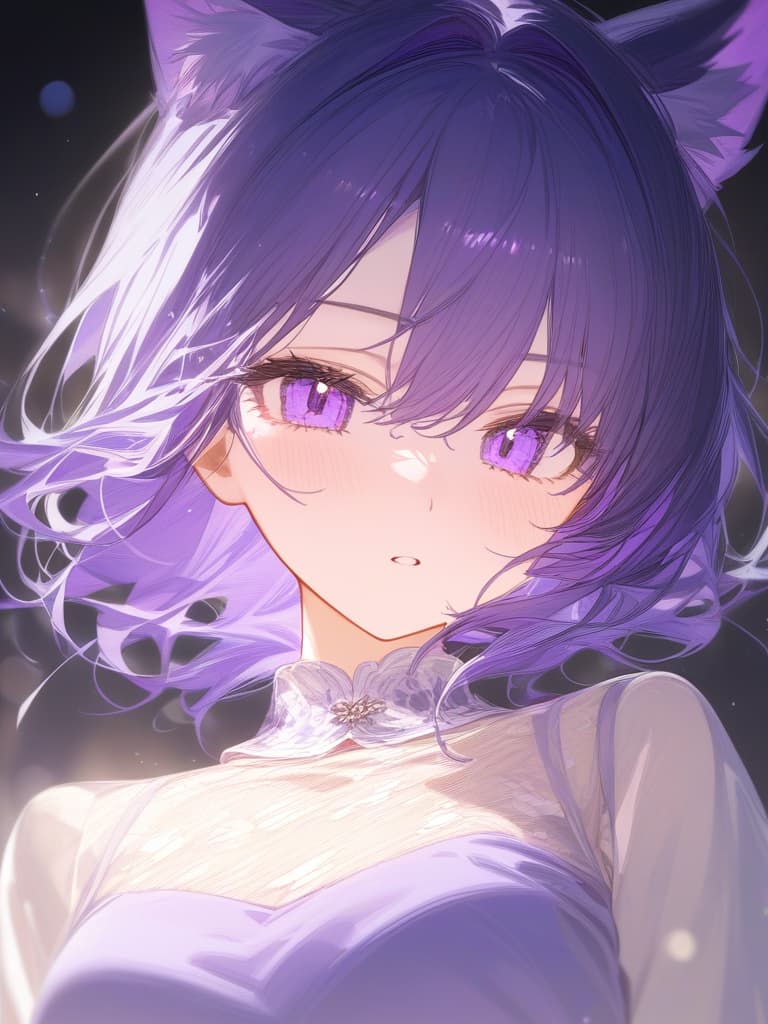  amethyst, glittering, purple, purple hair, wolf ears, short hair, and the whole illustration, masterpiece, best quality,8k,ultra detailed,high resolution,an extremely delicate and beautiful,hyper detail