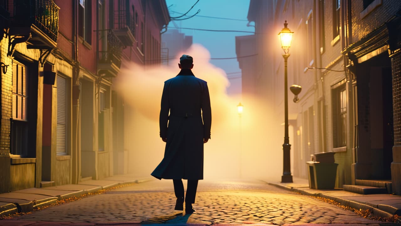  a shadowy figure stands at a crossroads in a foggy urban alley, illuminated by a flickering streetlamp, while ghostly whispers swirl around, hinting at secrets and legends waiting to be uncovered. hyperrealistic, full body, detailed clothing, highly detailed, cinematic lighting, stunningly beautiful, intricate, sharp focus, f/1. 8, 85mm, (centered image composition), (professionally color graded), ((bright soft diffused light)), volumetric fog, trending on instagram, trending on tumblr, HDR 4K, 8K