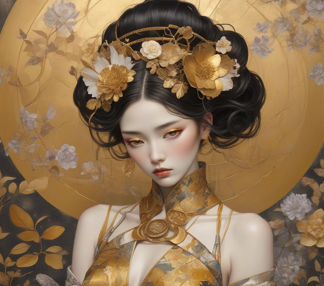  concept art a mystical artwork with a female figure adorned with floral headpiece and golden attire, exuding an ethereal, otherworldly charm. imagine an intricately detailed image of a steampunk geisha, her vivid eyes with a dreaming look sparkle beneath long lashes. she is dressed in a gossamer silk kimono, embodying high contrast and decorative designs reminiscent of the art deco era. the portrait seamlessly integrates a mixed media collage approach for added dimension and texture. it pays homage to the flat, decorative patterns and vivid, unnatural colors championed by the symbolist movement (gustav klimt) and pre raphaelite (botticelli) artists, rendered with the depth and richness of oil painting. elements of kintsugi, using gold and 