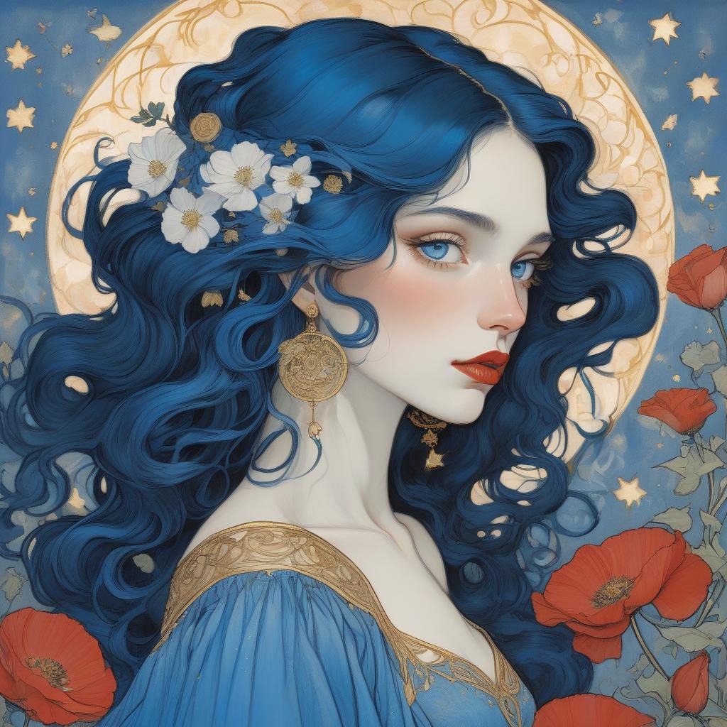  concept art a painting of a woman with flowing curly hair, bright blue eyes, and red lips, wearing a blue dress with gold accents, surrounded by white flowers. painting by arthur rackham and egon schiele depicting a fair skinned goddess, striking blue eyes, long wavy black hair, blue and white anemones, deep blue morning glories, crimson poppies, cream and peach toned roses, filigree, ornamental metallic gold details, hidden ears, no visible jewelry, delicate freckles, subtle golden highlights, soft pink lips, ethereal beauty, golden embellishments, cosmic motifs, crescent moon, stars, art nouveau style, iridescent hummingbirds, silken garment, blue and muted gold hues, luxurious, dreamy atmosphere. . digital artwork, illustrative, painter