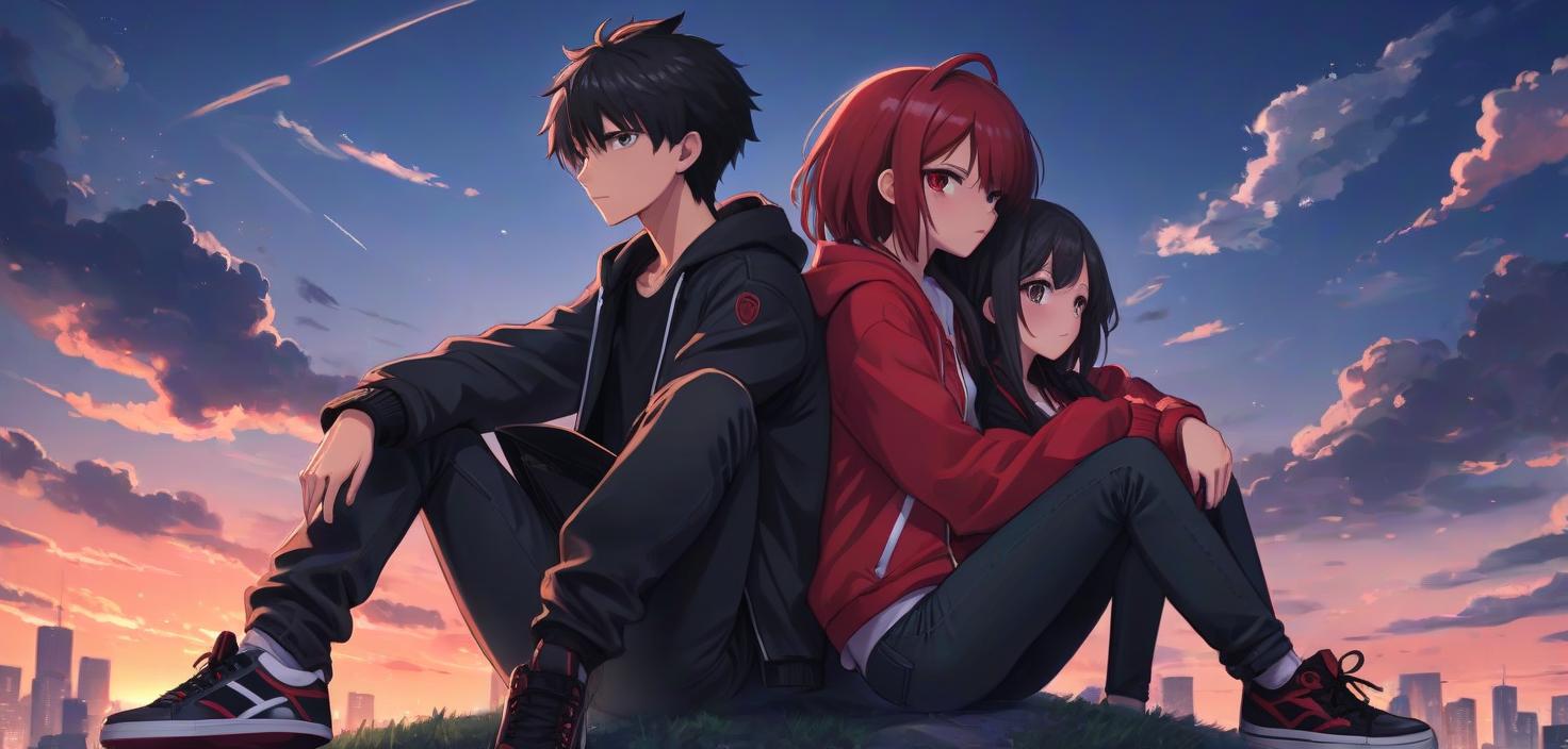  anime artwork a beautiful anime couple, the photo cover format, that is, the main background on the right, and on the left the couple itself does not take up more than half of the photo. a guy in a light black jacket, black shirt and black jeans with black and red sneakers. a girl in a red jacket and with the same set of clothes. the couple should sit hugging, the background of the sky fi format. . anime style, key visual, vibrant, studio anime, highly detailed