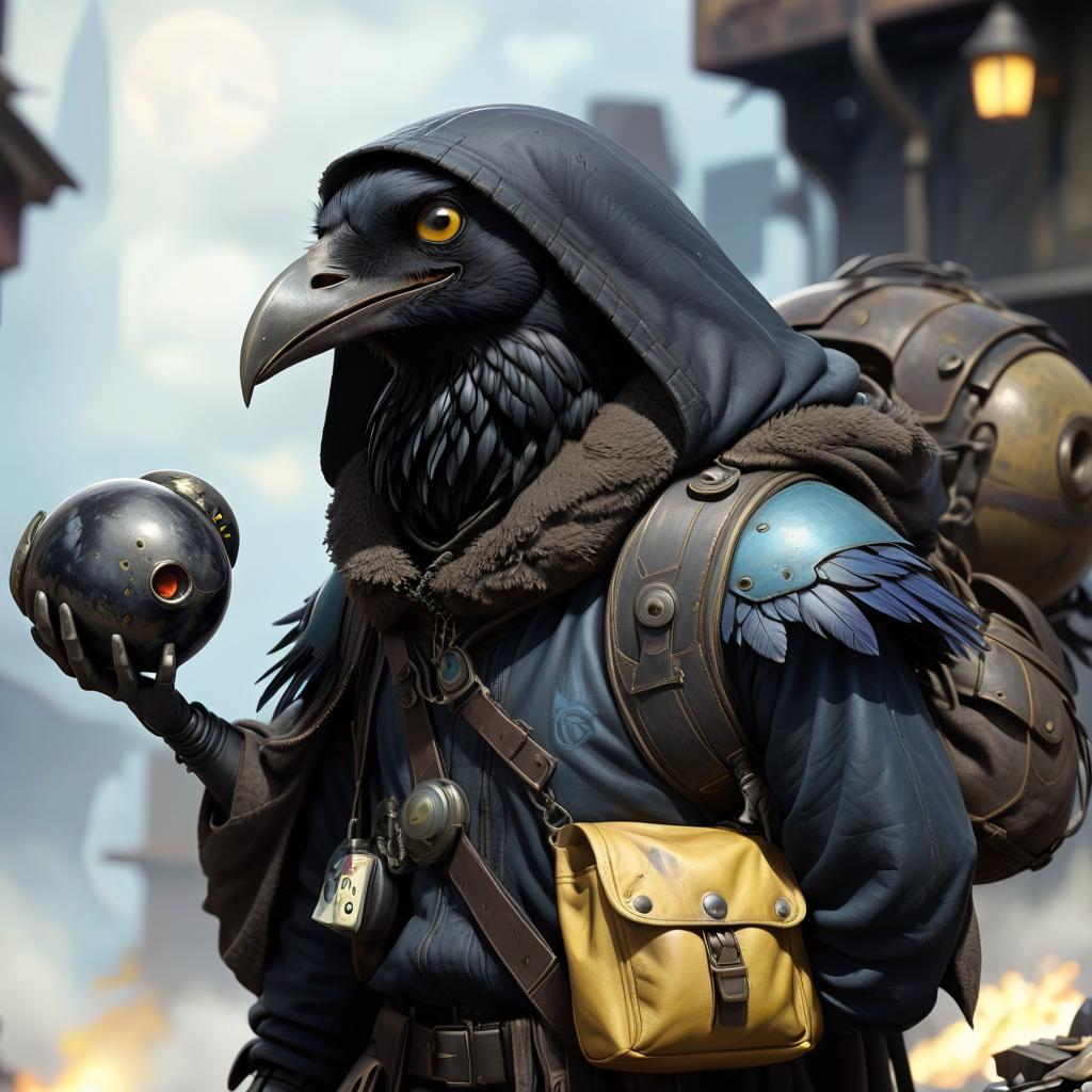  dystopian style black with blue tint avian humanoid race with raven head alchemist, cape, mischievous yellow eyes, smiling, rags and leather cloak with lots of pockets, big backpack with pockets, black bowling ball in hand, nuclear explosions and detonation blasts . bleak, post apocalyptic, somber, dramatic, highly detailed, civitai