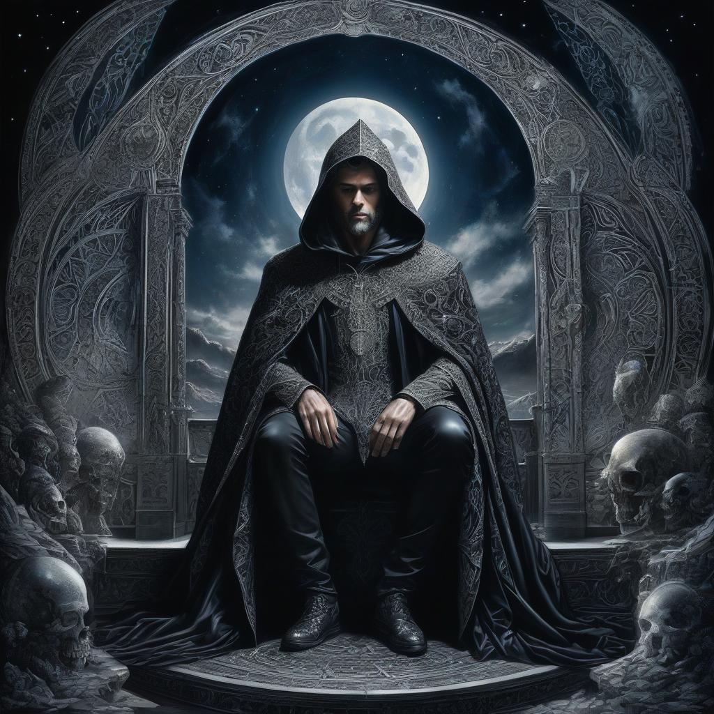  judge on the throne. black dungeon. a man in a cloak and hood. the man in the grotto. judge on the throne. black dungeon. moon. moonlight. big moon. silver rays. stylistics: intricate zentangle patterns in the manner of karol bak, rahaf dk albab, andrew jones. bright colors. high quality and detail. hdr. masterpiece. double exposure.