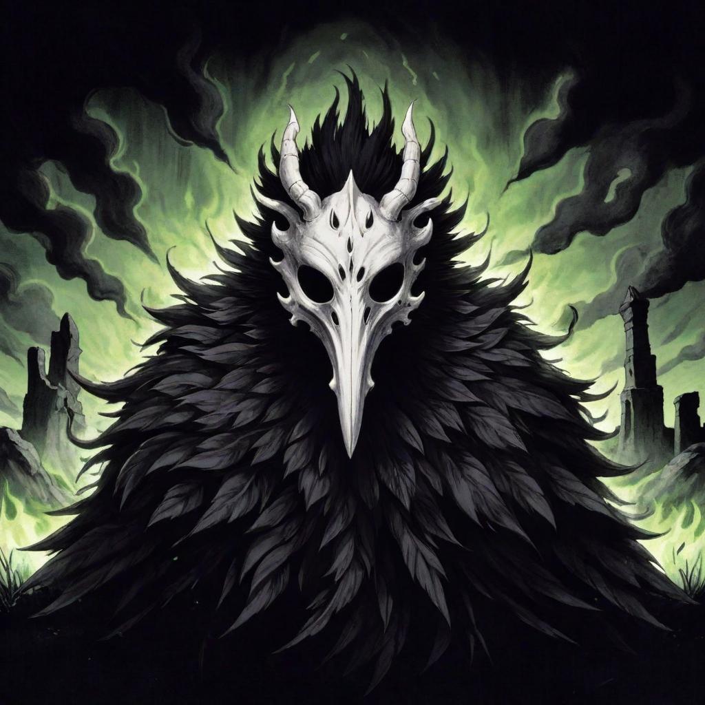  manga artwork dark creature with an animal white bone mask with round eyes and black feathers, the background has stone ruins and green flames. rpg anime style . manga artist. manga, highly emotional. best quality, high resolution