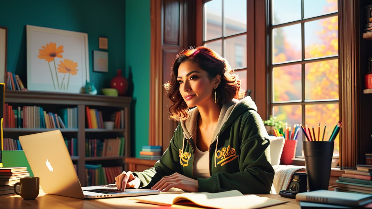  a cozy home office with a laptop open to a tutoring platform, colorful stationery scattered, a steaming cup of coffee, and a happy student on a video call, bright sunlight streaming through a window. hyperrealistic, full body, detailed clothing, highly detailed, cinematic lighting, stunningly beautiful, intricate, sharp focus, f/1. 8, 85mm, (centered image composition), (professionally color graded), ((bright soft diffused light)), volumetric fog, trending on instagram, trending on tumblr, HDR 4K, 8K