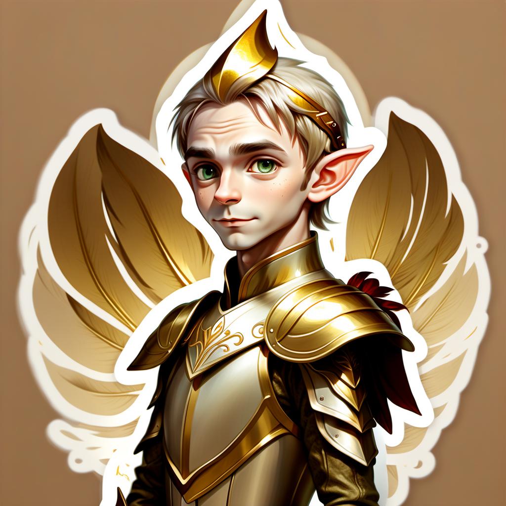  perfect world, elf, feathers on the head, man, bow in hands, armor, beige tones, gold, sticker, sticker