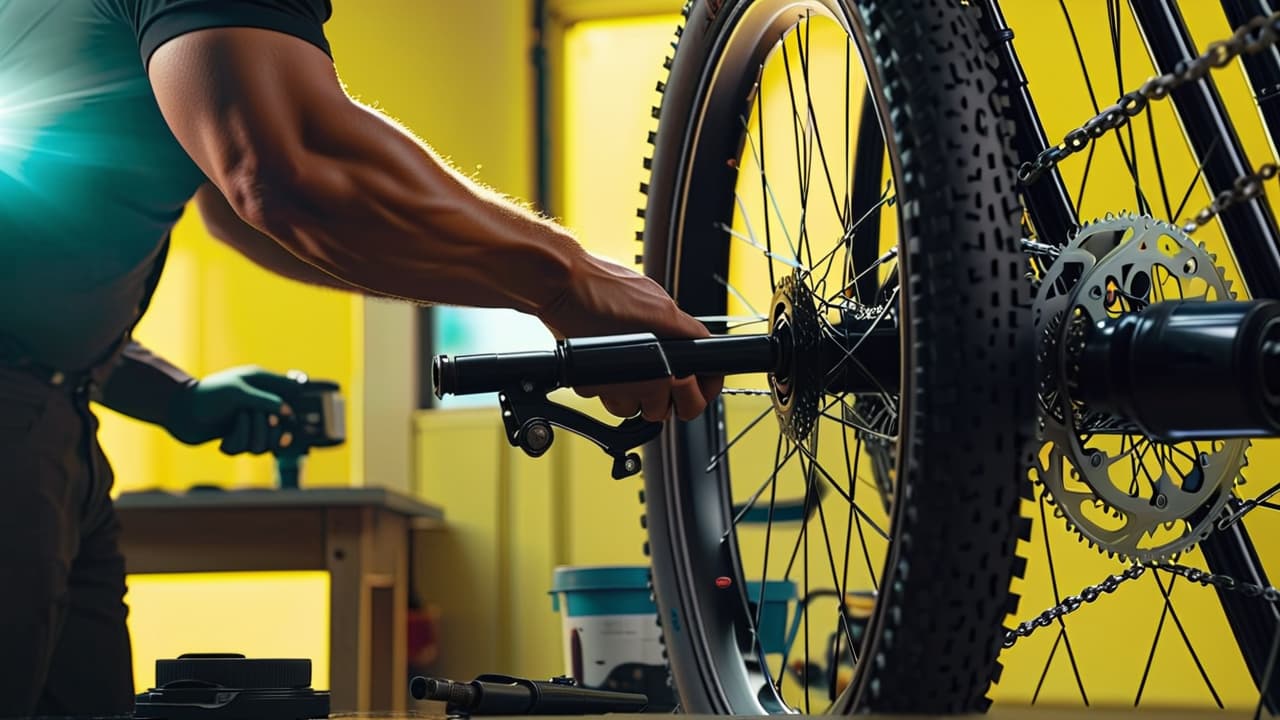  a close up of a bicycle being maintained in a well lit garage, featuring a mechanic's hands inspecting gears, cleaning the chain, and checking tire pressure, surrounded by tools like wrenches and lubricants. hyperrealistic, full body, detailed clothing, highly detailed, cinematic lighting, stunningly beautiful, intricate, sharp focus, f/1. 8, 85mm, (centered image composition), (professionally color graded), ((bright soft diffused light)), volumetric fog, trending on instagram, trending on tumblr, HDR 4K, 8K