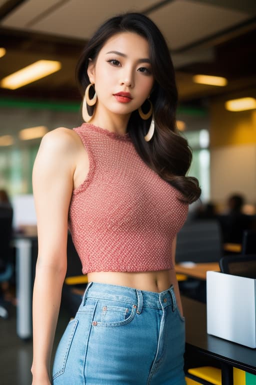  a 20 woman giving a . 35mm photograph, film, bokeh, professional, 4k, highly detailed, (look at camera), (skin texture), (realistic texture skin), cinematic light, side lighting, very beautiful asian , pin up photo model, ideal body proportions, slightly skinny, in office, earrings, red lipstick, smoky eye makeup, expression, enjoying , masterpiece, extremely detailed, office background, advertising photo,high quality, good proportion, masterpiece , the image is captured with an 8k camera