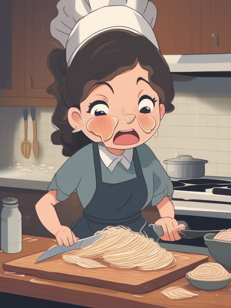  kitchen,woman wearing apron {cutting onion with knife on cutting board,(tears while slicing onion into thin slices:1.4) sliced onion on cutting board},super detailed,high resolution,absurd,employed,