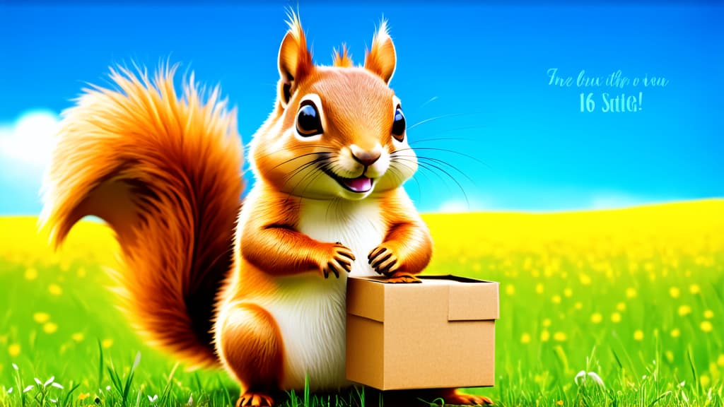  happy squirrel in full growth, holding a box with its paws from below. background with a meadow and blue sky. with space for text on the right ar 16:9 {prompt}, maximum details