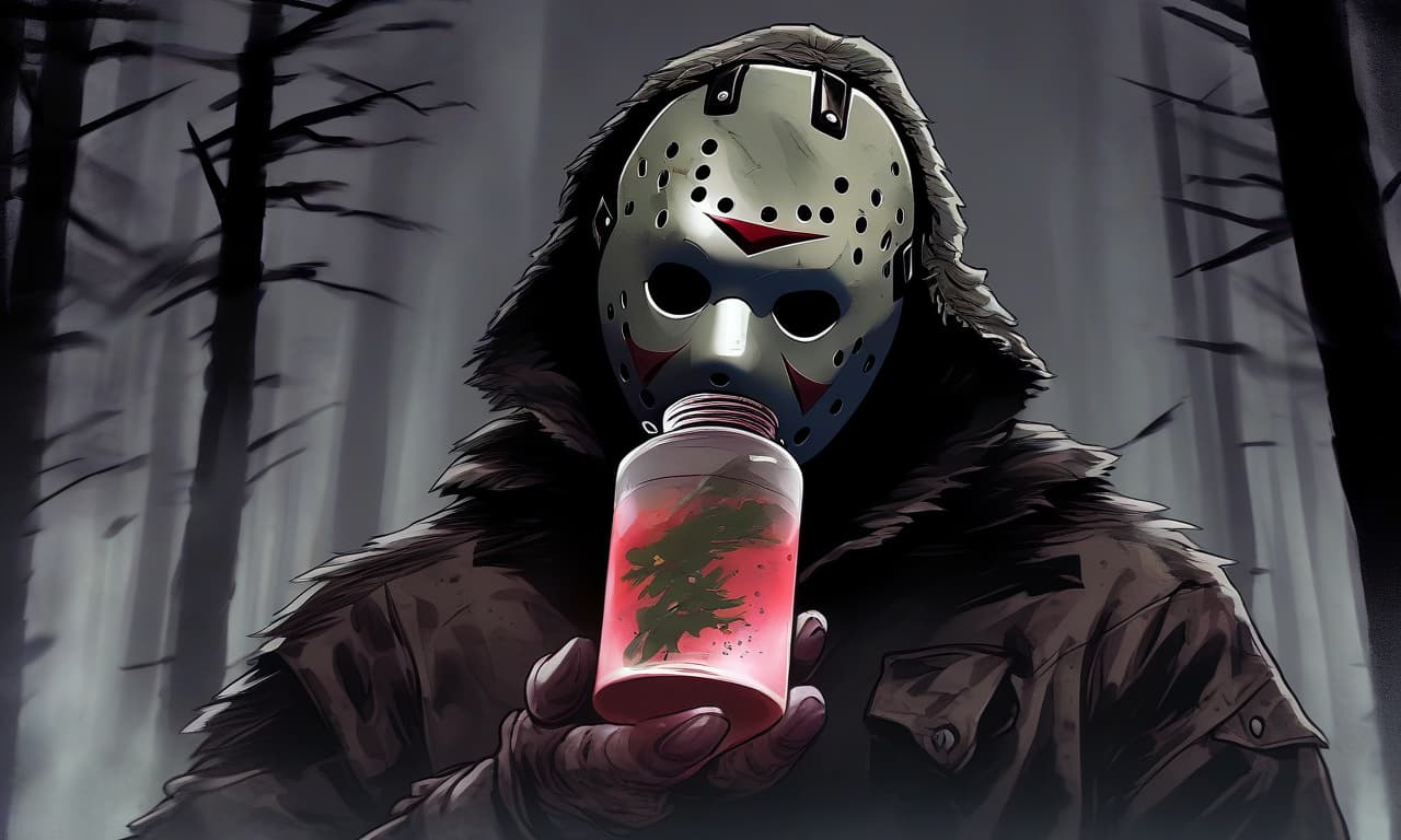  horror themed close up. jason voorhees looking at a vial of poison. the background is a forest and thick fog . eerie, unsettling, dark, spooky, suspenseful, grim, highly detailed