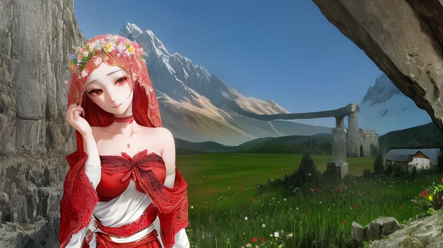  A slender girl with an almost cat like human face and human features, wearing a red top with a sash and a red shawl slipping off her shoulders, looks at the camera with a dreamy expression in front of the Alps and fields of flowers. The clothing style is reminiscent of ancient Mesopotamia., ultra realistic, concept art, intricate details, highly detailed, photorealistic, octane render, 8k, unreal engine, sharp focus, volumetric lighting unreal engine. art by artgerm and alphonse mucha hyperrealistic, full body, detailed clothing, highly detailed, cinematic lighting, stunningly beautiful, intricate, sharp focus, f/1. 8, 85mm, (centered image composition), (professionally color graded), ((bright soft diffused light)), volumetric fog, trending on instagram, trending on tumblr, HDR 4K, 8K