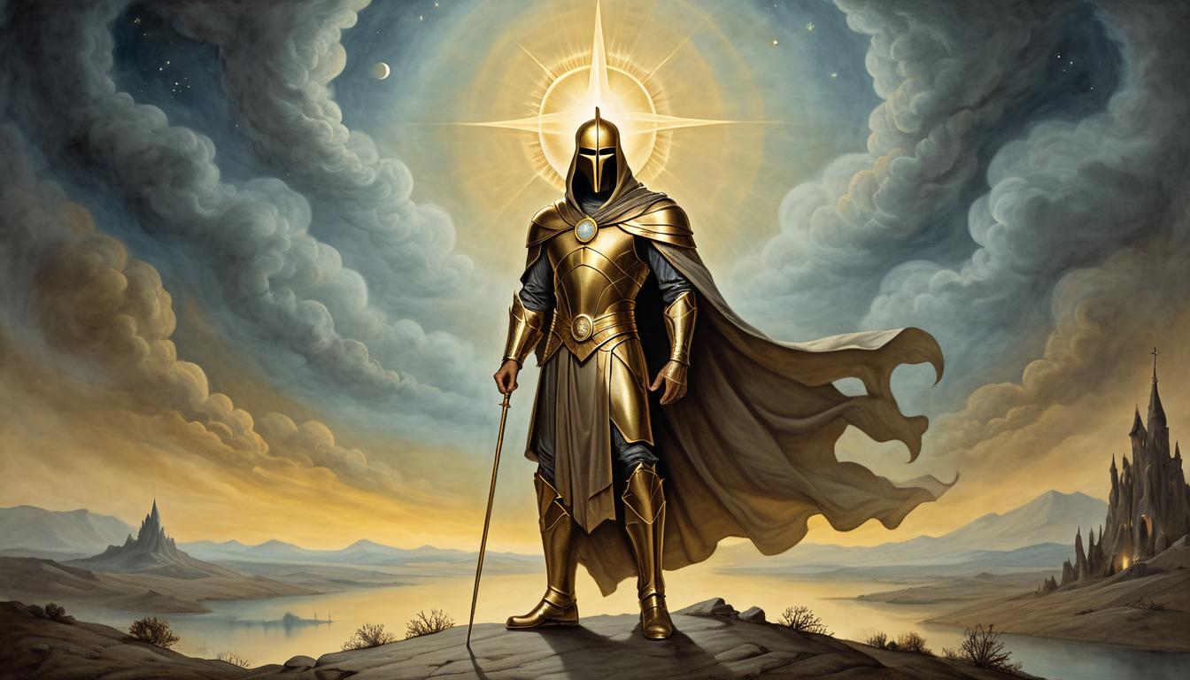  on parchment, surrealism+++, golden haloed figure, emanating light, standing on a twilight landscape, awe inspiring, divine presence, otherworldly(mysterious, provocative, symbolic,muted color)+++