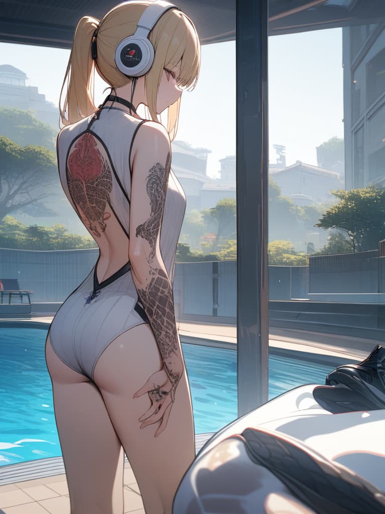  white headphones, white swimwear, poses showing their backs, poses on the wall, snake tattoo on , white frill pare, all body, foot, pool, standing, blonde ponytail, thigh tattoo, tattoo, skull tattoo on arms. , tattoo on the back, headphones on the back, snake tattoo on , feet on the feet, masterpiece, best quality,8k,ultra detailed,high resolution,an extremely delicate and beautiful,hyper detail